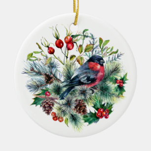 Natuur-thema Bullfinch Pine Branches Pine Cones Keramisch Ornament