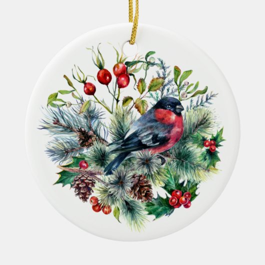 Natuur-thema Bullfinch Pine Branches Pine Cones Keramisch Ornament (Voorkant)