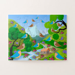 Natuur Trees Birds Flowers River House, leeftijd 4 Legpuzzel
