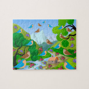 Natuur Trees Birds Flowers River House, leeftijd 6 Legpuzzel