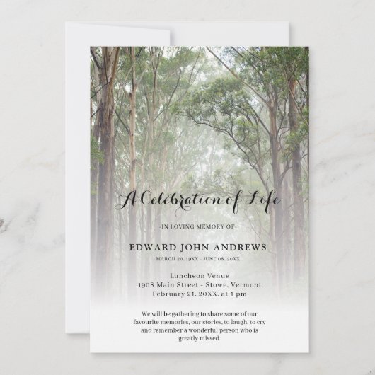 Natuur Trees Forest Celebration of Life Funeral Kaart (Voorkant)