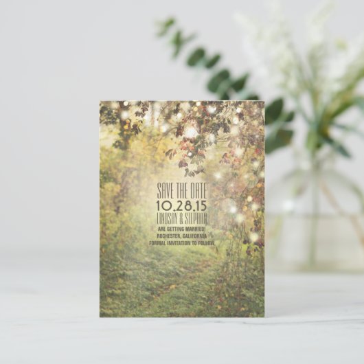Natuur Trees & String Lights Rustiek Sla de datum  Aankondigingskaart (Staand voorkant)