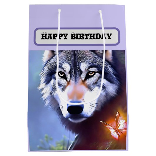 Natuur van de wolf olieverf, Verjaardag Medium Cadeauzakje (Achterkant)