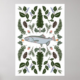 Natuur van Salmon PNW Fir Ferns Berries Forest Fag Poster