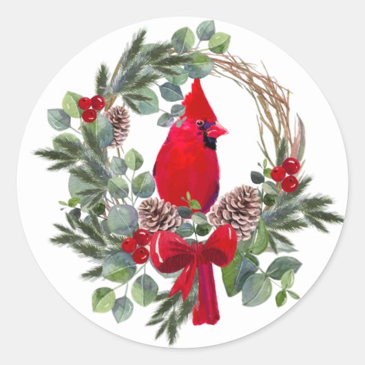 Natuur voor kerstkardinale rode vogel Waterverf Ronde Sticker (Voorkant)