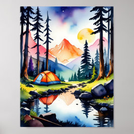 Natuur Waterverf Sunset Mountain Lake Camping Poster