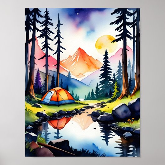 Natuur Waterverf Sunset Mountain Lake Camping Poster (Voorkant)