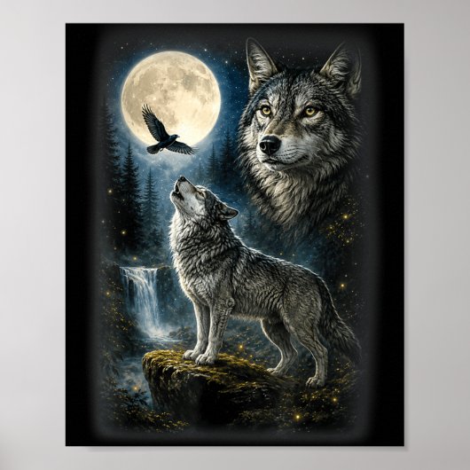Natuur wolf bos bomen wolven wild dier maan poster (Voorkant)