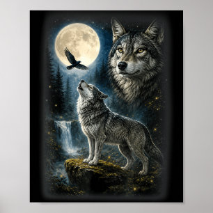 Natuur wolf bos bomen wolven wild dier maan poster