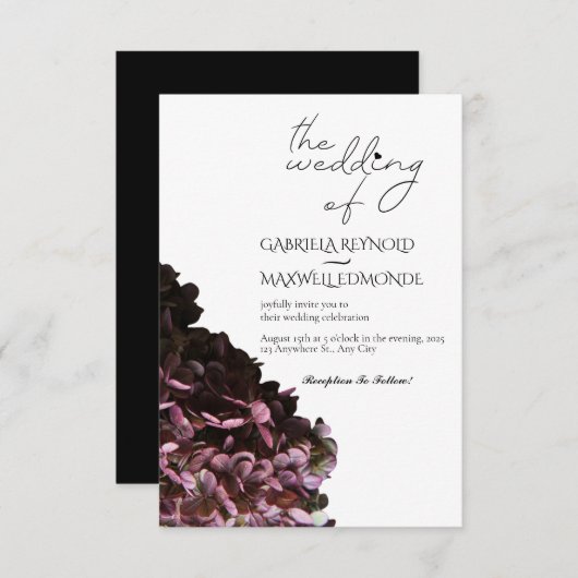 Natuur Zwart & Wit Hydrangea Bruiloft Kaart (Voorkant / Achterkant)