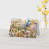 Natuurillustratie met vogels en wilde bloemen kaart (Gele Bloem)
