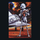 natuurkundigen militairen van de robotaris poster<br><div class="desc">illustratie futuristische wetenschap Fiction militair robot afbeelding. Een vijandige buitenaardse soldaat die een geweren pistool vasthoudt en voor een militair vliegtuig of vliegtuig met een ster staat. Hij is op een verlaten planeet klaar om oorlog te voeren met rook, vuur en explosies. Tijd om te vechten en de kwade buitenaardsen...</div>