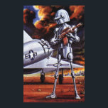 natuurkundigen militairen van de robotaris poster<br><div class="desc">illustratie futuristische wetenschap Fiction militair robot afbeelding. Een vijandige buitenaardse soldaat die een geweren pistool vasthoudt en voor een militair vliegtuig of vliegtuig met een ster staat. Hij is op een verlaten planeet klaar om oorlog te voeren met rook, vuur en explosies. Tijd om te vechten en de kwade buitenaardsen...</div>