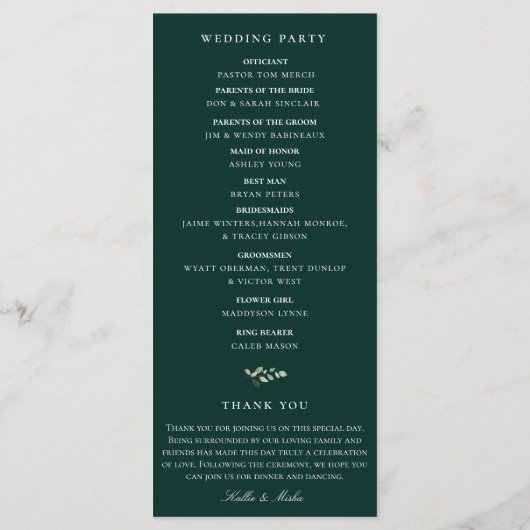 Natuurlijk botanisch groen Huwelijksprogramma Programmakaart (Achterkant)