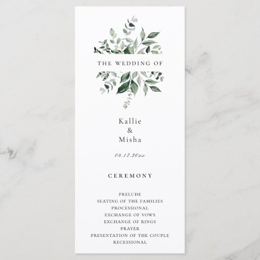 Natuurlijk botanisch groen Huwelijksprogramma Programmakaart (Voorkant)