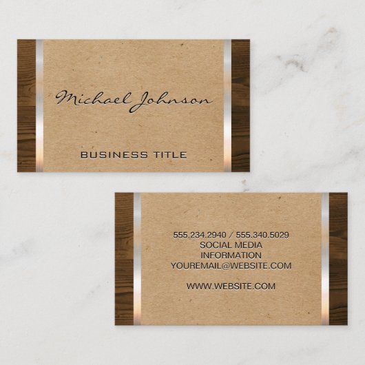 Natuurlijk Bruin | Metaal Glanzende Afwerking Hout Visitekaartje (Voorkant / Achterkant)