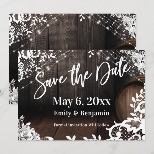 Natuurlijk handschrift lichtsnoer en witte bloemen save the date (Voorkant / Achterkant)