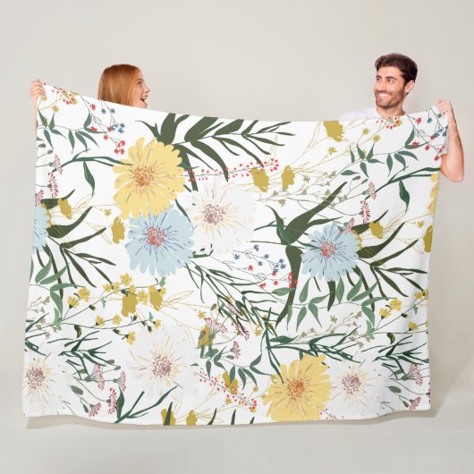 Natuurlijk ivoor en blauw bloemenl Waterverf l Wit Fleece Deken (In situ)