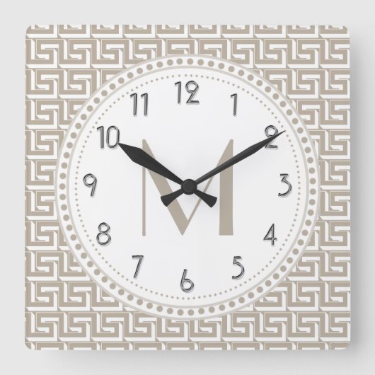 Natuurlijk | Monogram witte Griekse sleutel Vierkante Klok (Voorkant)