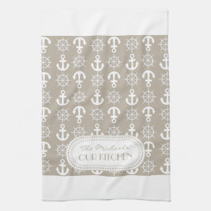 Natuurlijk   Monogram witte Nautical Anchors Wheel Theedoek