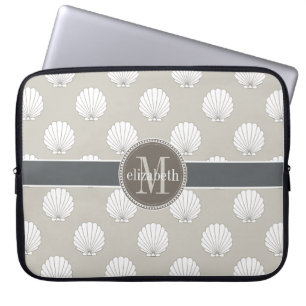 Natuurlijk   White Clamshells Seashells Monogram Laptop Sleeve