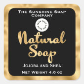 Natuurlijk zeeplabel met logo - zwart & gouden fol vierkante sticker (Voorkant)