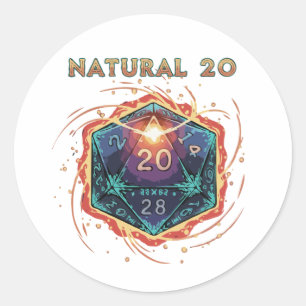 Natuurlijke 20 Vlammende D20 Dobbelstenen   Episch Ronde Sticker
