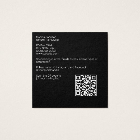Natuurlijke Afro-Amerikaanse Hair Salon Visitekaar Vierkante Visitekaartjes (Achterkant)