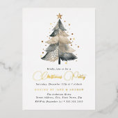 Natuurlijke Beige Blauwe Gouden Kerstboom  Folie Uitnodiging (Voorkant)