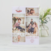 Natuurlijke beige witte blos 4 foto's moderne fami feestdagenkaart (Staand voorkant)