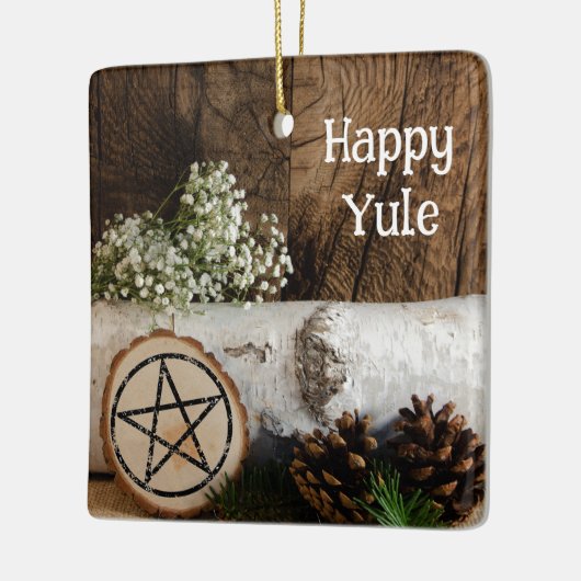 Natuurlijke Berkenboom Log en dennenappels Happy Y Keramisch Ornament (Links)