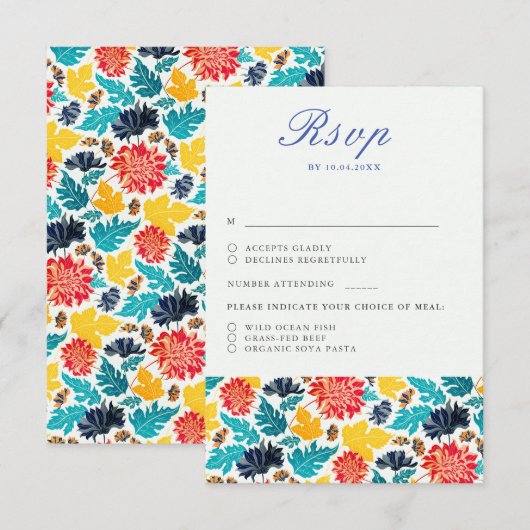 Natuurlijke Blauw Geel Waterverf Zonnebloemen Brui RSVP Kaartje (Voorkant / Achterkant)