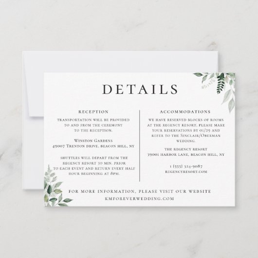 Natuurlijke Botanische Bruiloft Details Informatie Kaart (Voorkant)