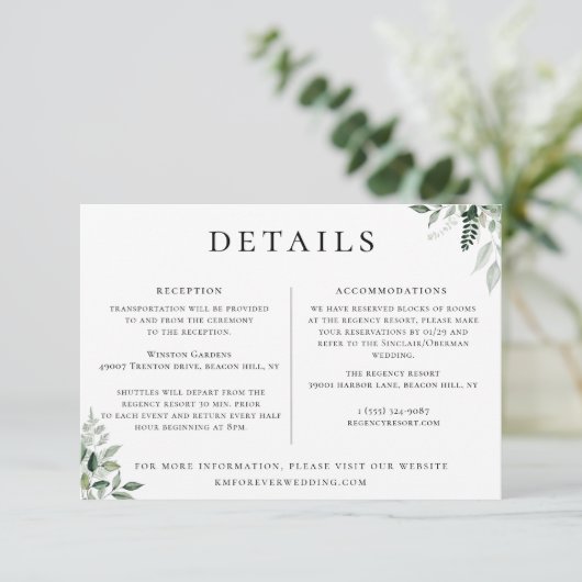 Natuurlijke Botanische Bruiloft Details Informatie Kaart (Staand voorkant)