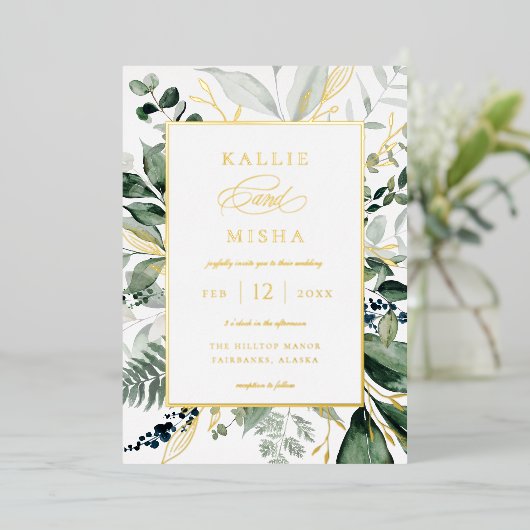 Natuurlijke botanische Lijst Emerald Wedding Folie Uitnodiging (Staand Voorkant)