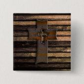 Natuurlijke bruine houten kruis vierkante button 5,1 cm (Voorkant)