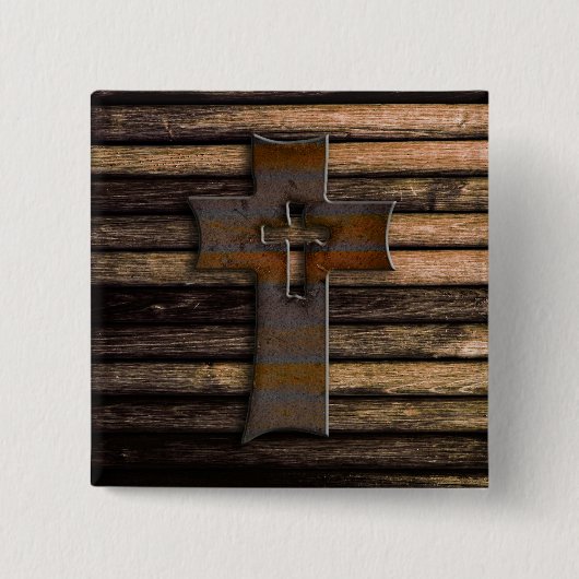 Natuurlijke bruine houten kruis vierkante button 5,1 cm (Voorkant)
