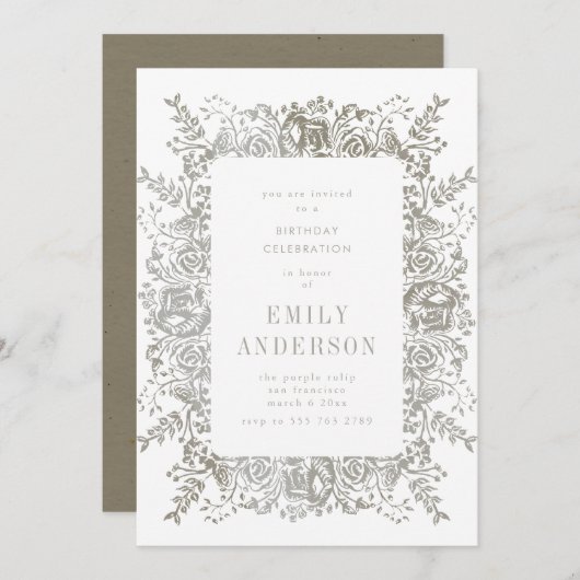 Natuurlijke Grauwe Floral Birthday Uitnodiging (Voorkant / Achterkant)
