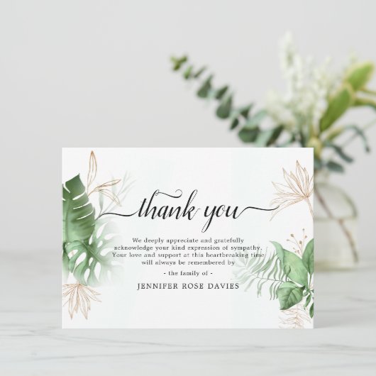 Natuurlijke groen & goud Elegante sympathie Bedankkaart (Staand voorkant)