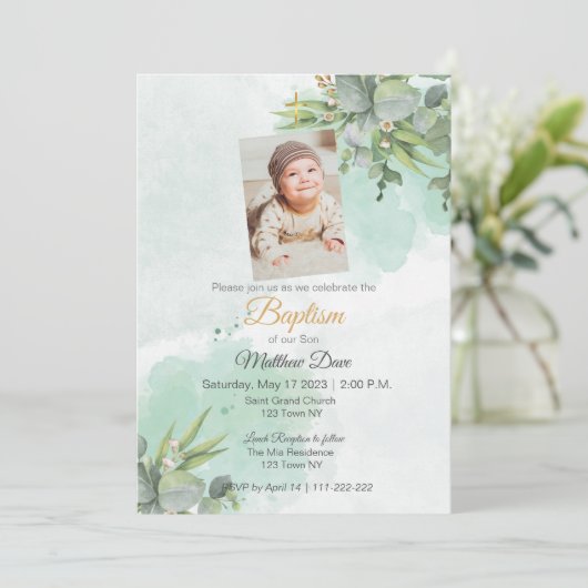 Natuurlijke groene bladeren doop uitnodiging (Staand voorkant)