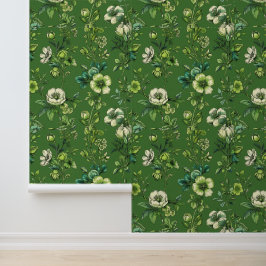 Natuurlijke groene en witte bloemenschil en -stok behang