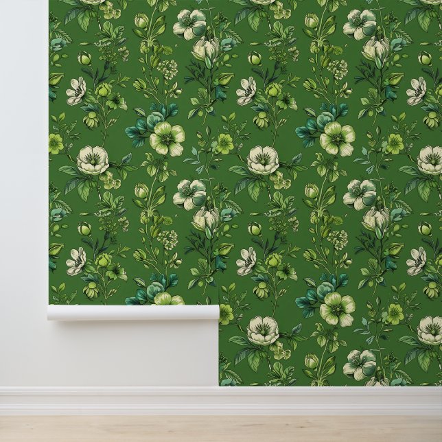 Natuurlijke groene en witte bloemenschil en -stok behang (Applicatie)