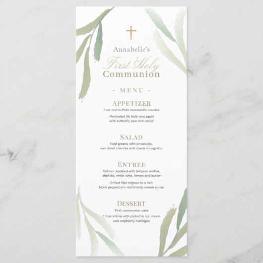 Natuurlijke groene olievlekken Eerste Heilige Comm Menu (Voorkant)