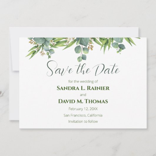 Natuurlijke groene Save the Date-kaarten Date (Voorkant)