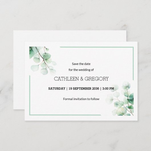 Natuurlijke groene Waterverf Eucalyptus verlaat br Save The Date (Voorkant / Achterkant)