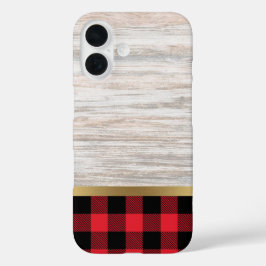 Natuurlijke houtstructuur en Buffalo Plaid iPhone 16 Hoesje