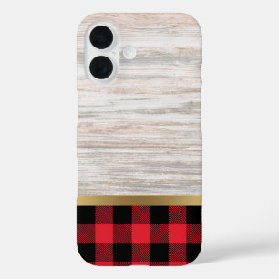 Natuurlijke houtstructuur en Buffalo Plaid iPhone 16 Hoesje