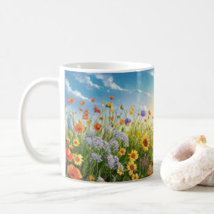 Natuurlijke omgeving van zonnebloemen en blauwe lu koffiemok