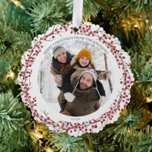 Natuurlijke rode bessen Vrolijke Kerstmis Foto kra Ornament Kaart