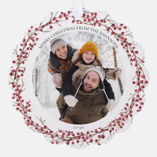 Natuurlijke rode bessen Vrolijke Kerstmis Foto kra Ornament Kaart (Voorkant)